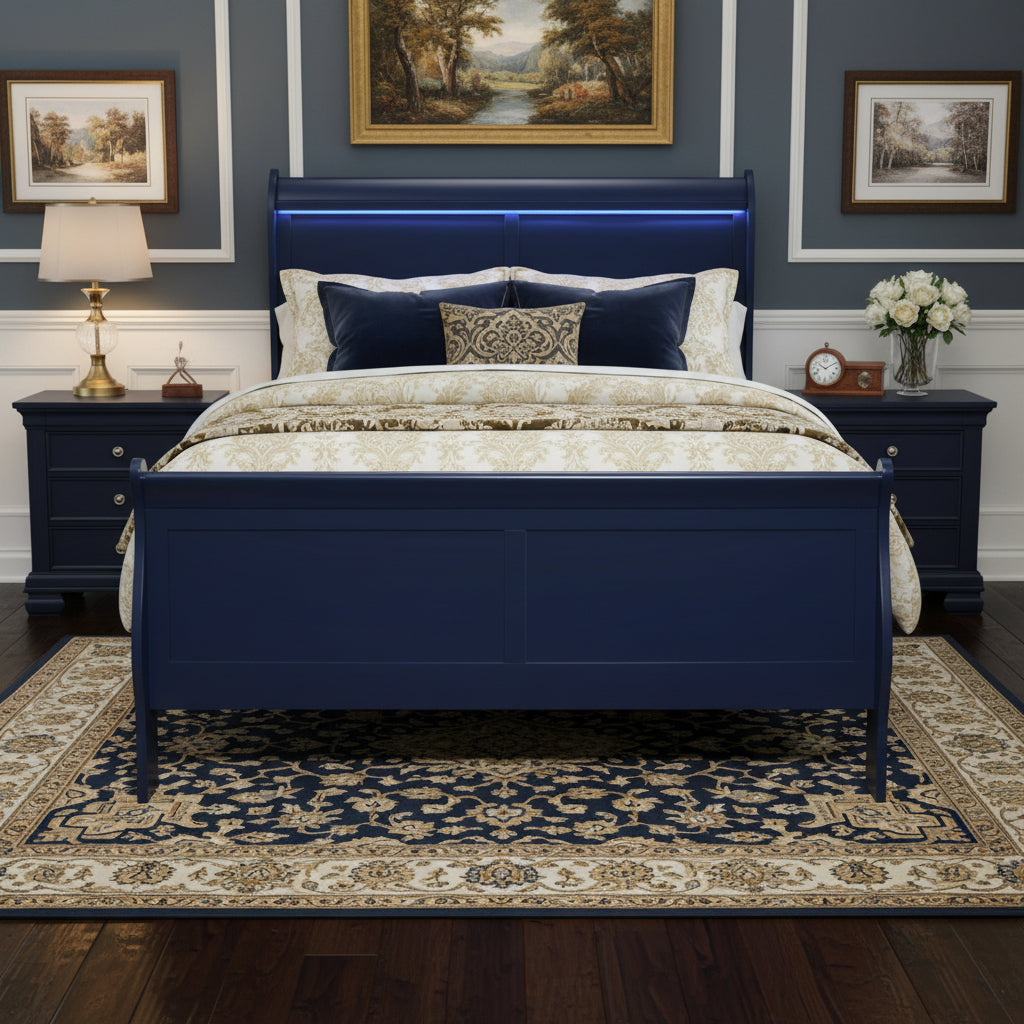 Blue Upholstered Queen Bed Frame With No - Bed & Bath