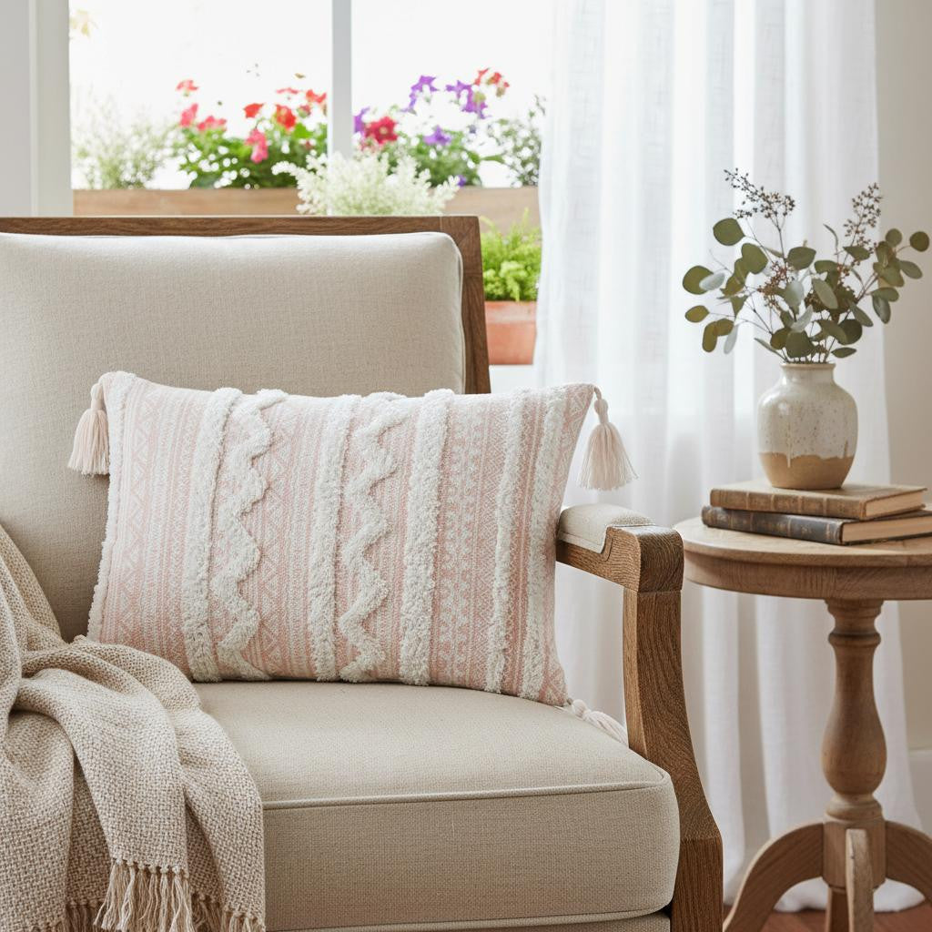 13" X 18" Beige Throw Pillow with Tassels - Home & Garden