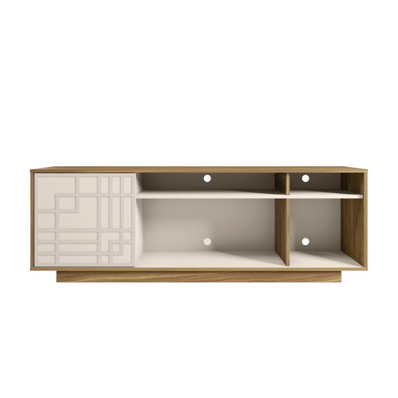 Natural wood TV stand with open center shelves and white geometric storage door on left