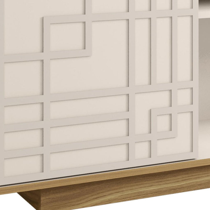 White carved geometric inlay on TV stand door, set in natural wood frame and panel grid