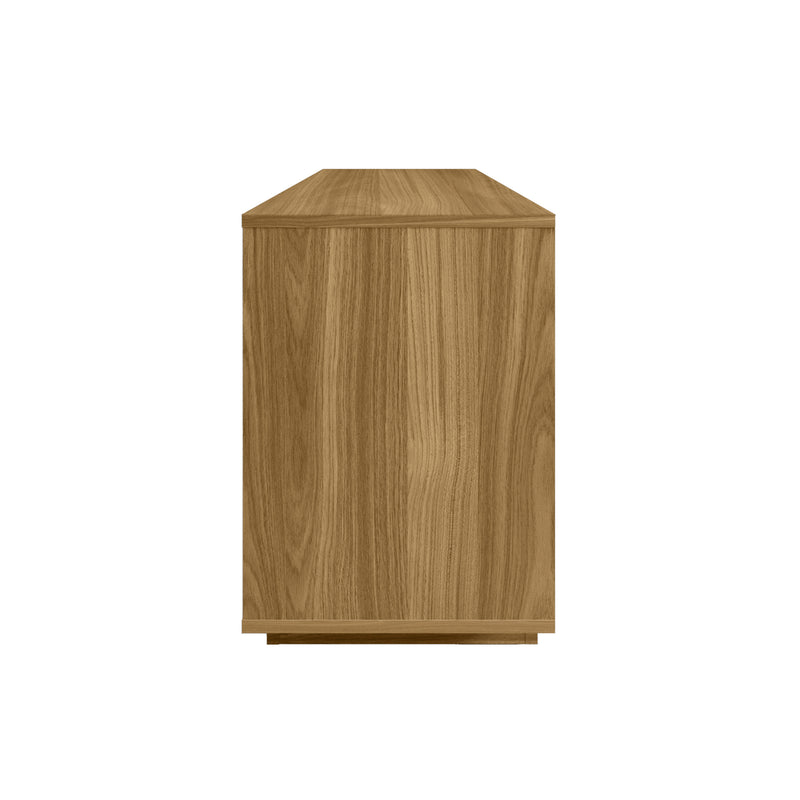 Natural wood TV stand back panel with clean corners and open shelf structure at front