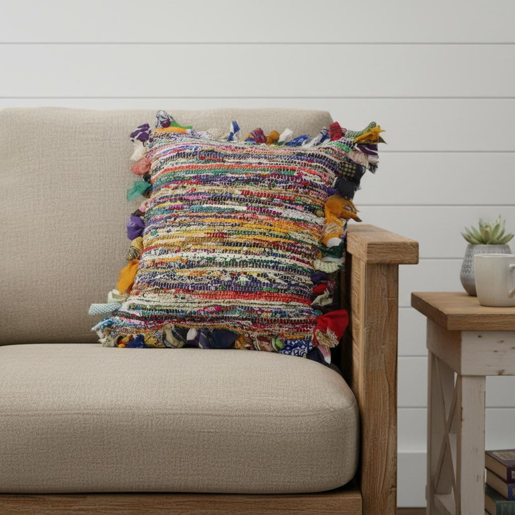18" Pink Blue Red And Orange Striped Rayon Throw Pillow Cover with Tufts - Home & Garden