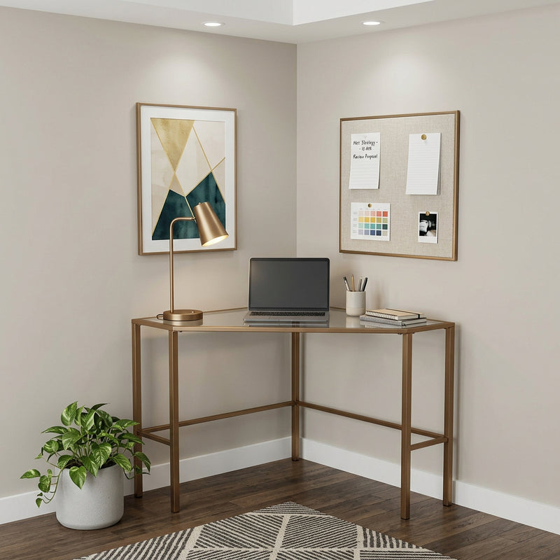 42" Clear and Gold Glass and Iron Corner Writing Desk - Office