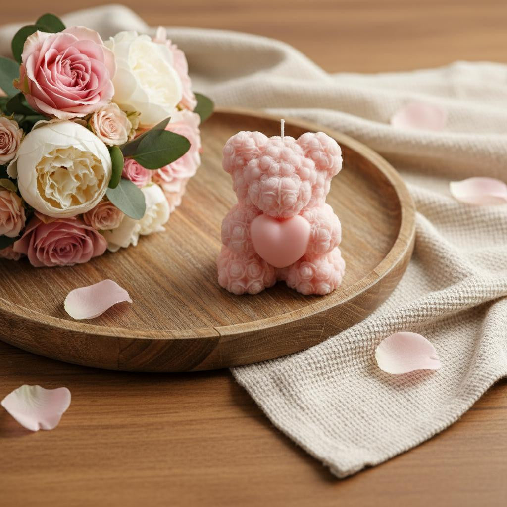 4" Pink Rose Petals Scented Dimensional Teddy Bear Candle - Home & Garden