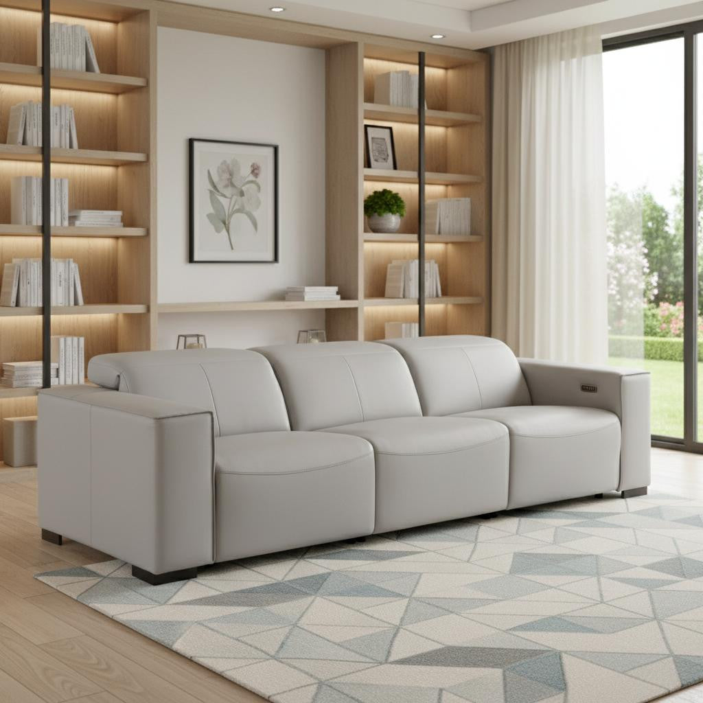 110" Light Gray Top Grain Leather Reclining USB Sofa - Living Room