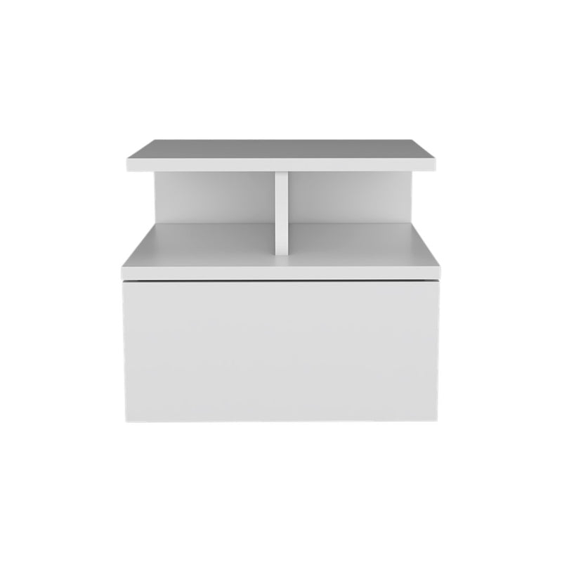 White floating nightstand with two open cubbies and one drawer, front view