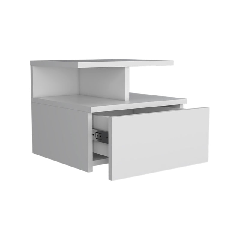 White floating nightstand with drawer open, showing interior storage compartment