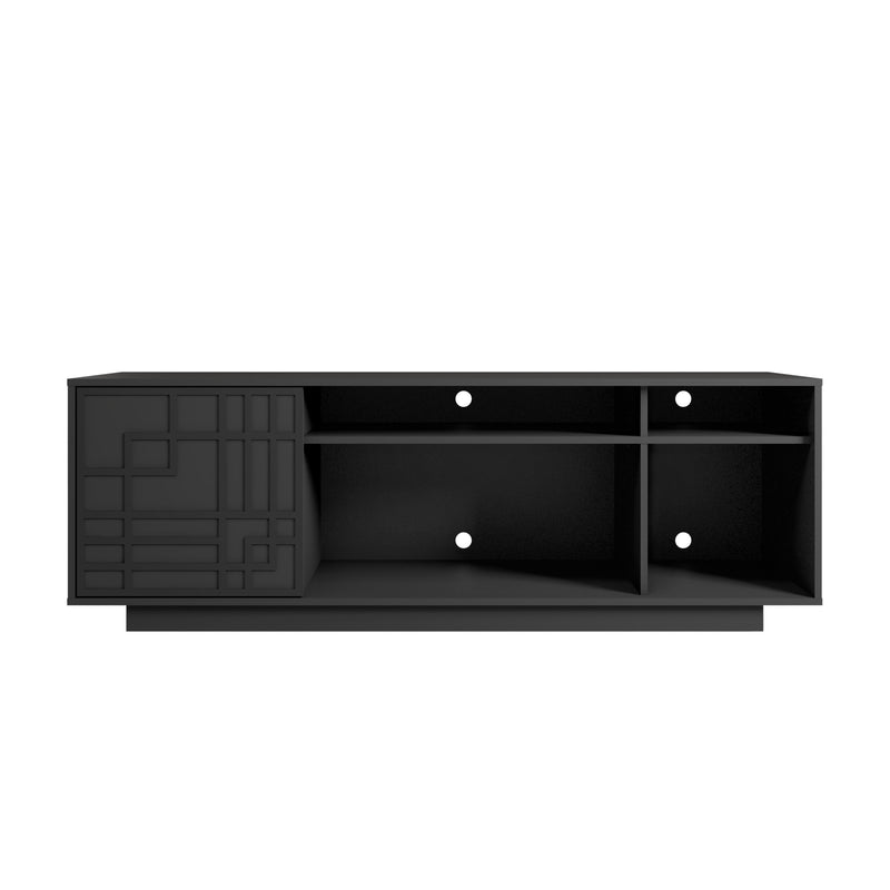 Black TV stand with carved door panel and 3 open storage compartments