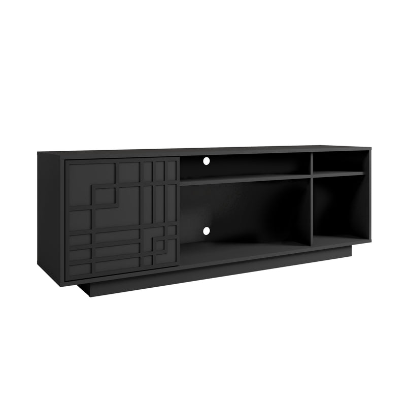 Black TV stand with carved geometric door and three open cubbies