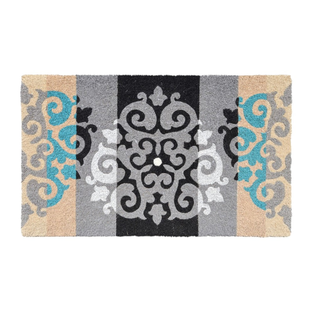 18" X 30" Beige and White Coir Damask Outdoor Door Mat - Home & Garden