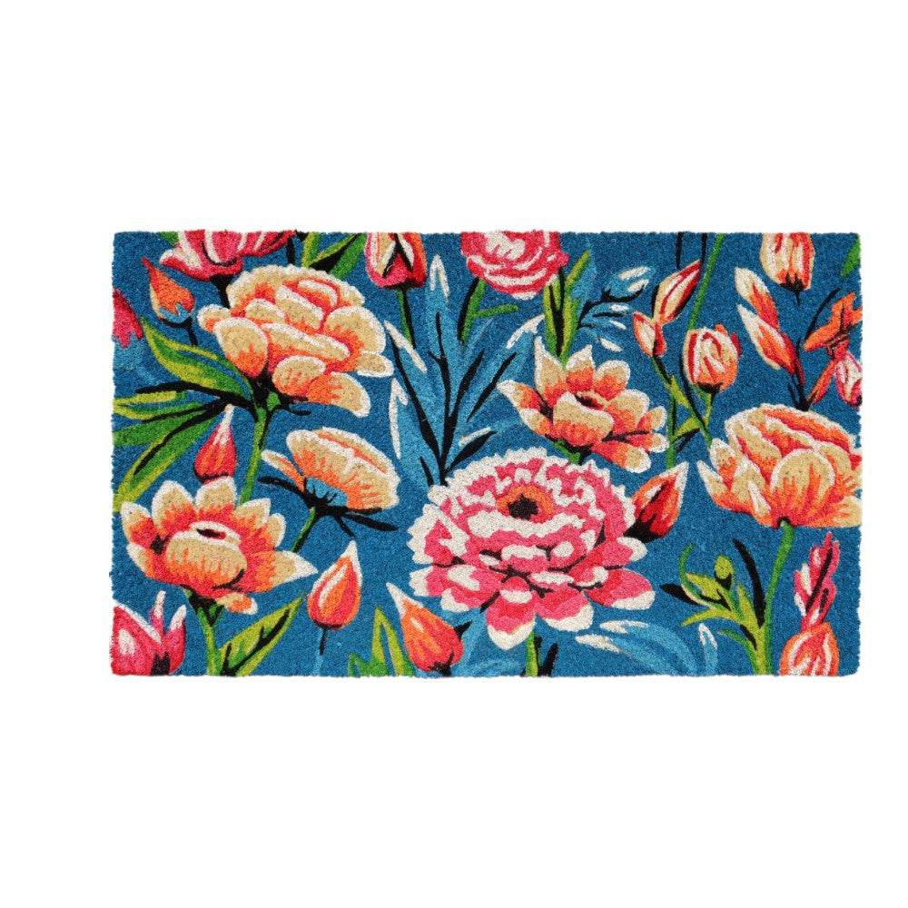 18" X 30" Blue and Pink Coir Floral Outdoor Door Mat - Home & Garden