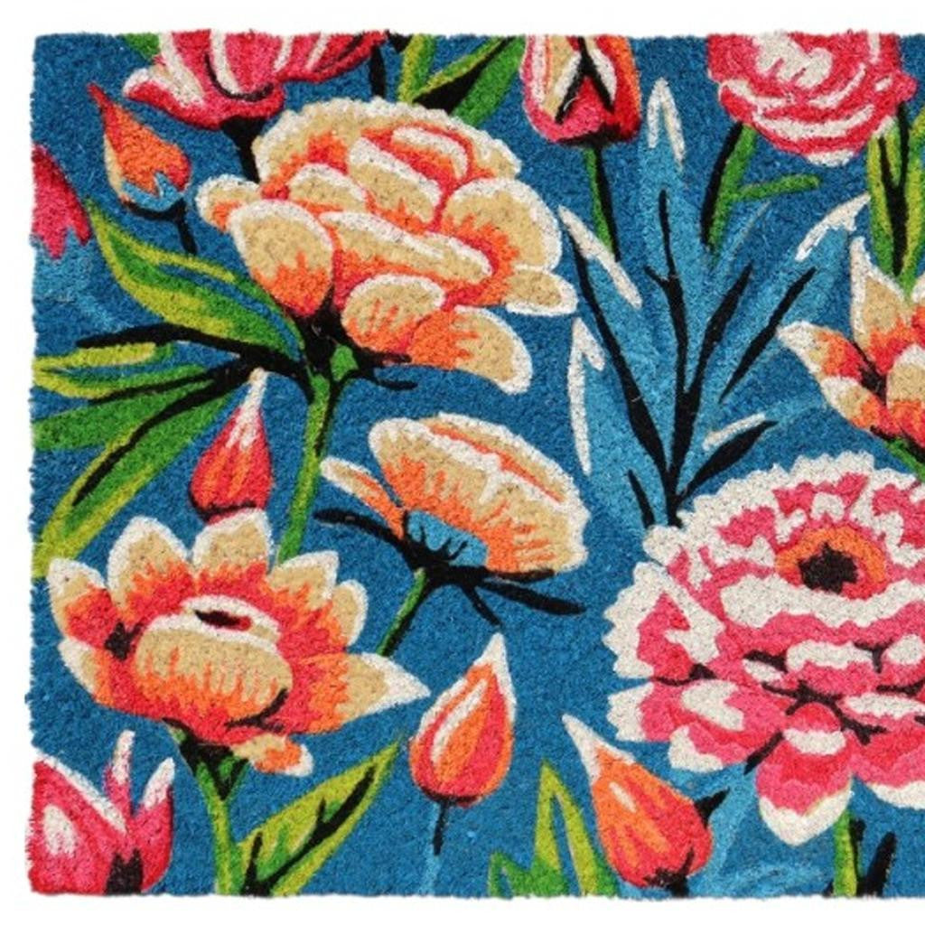 18" X 30" Blue and Pink Coir Floral Outdoor Door Mat - Home & Garden