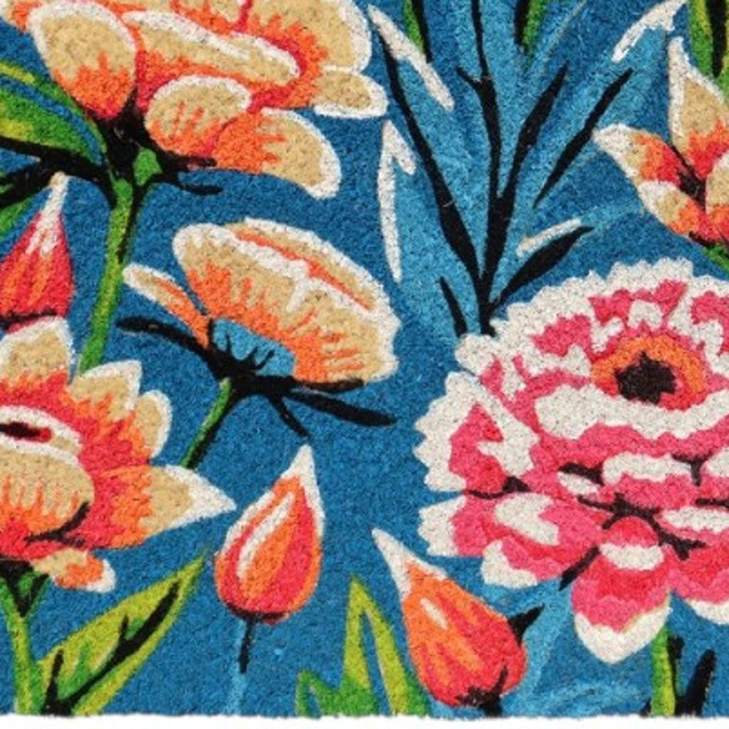 18" X 30" Blue and Pink Coir Floral Outdoor Door Mat - Home & Garden