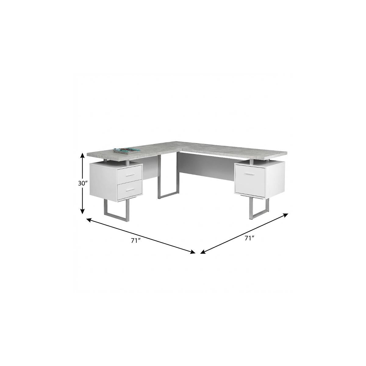 71" Gray and Silver L Shape Computer Desk With Three Drawers - Office Supplies