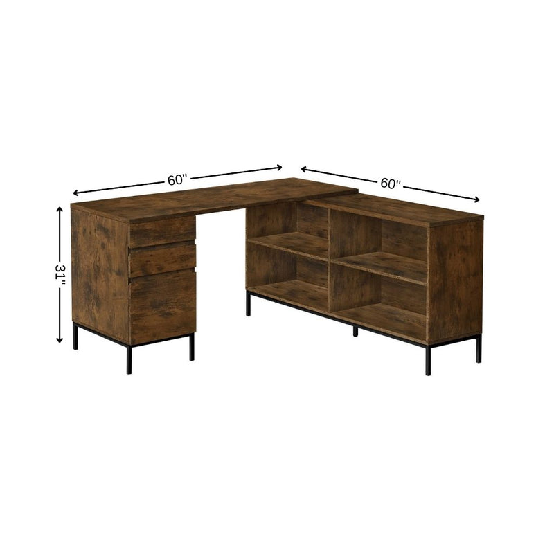 60" Brown and Black L Shape Computer Desk With Three Drawers - Office
