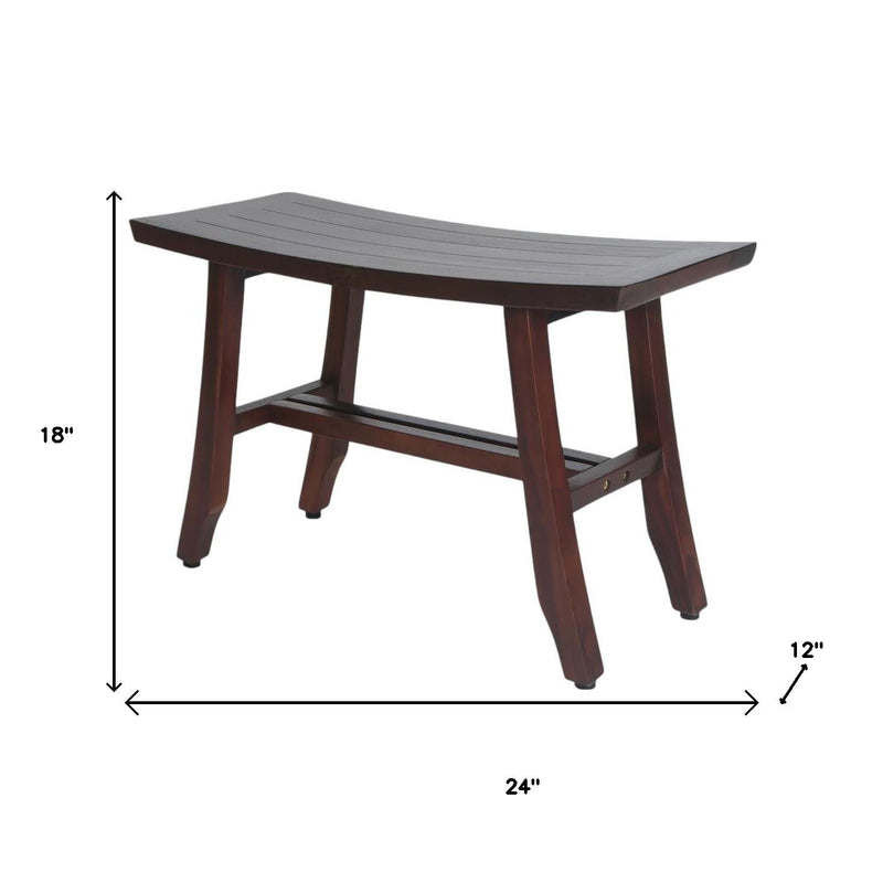 Dark brown teak shower bench with slatted tabletop and lower shelf