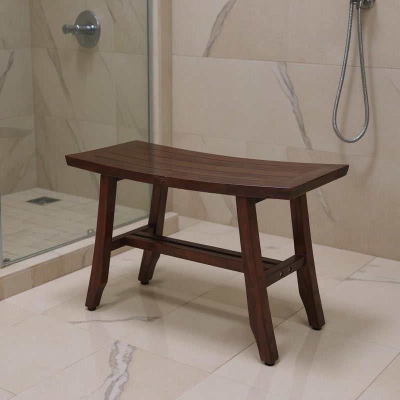 Dark brown teak shower bench with slatted tabletop and sturdy legs