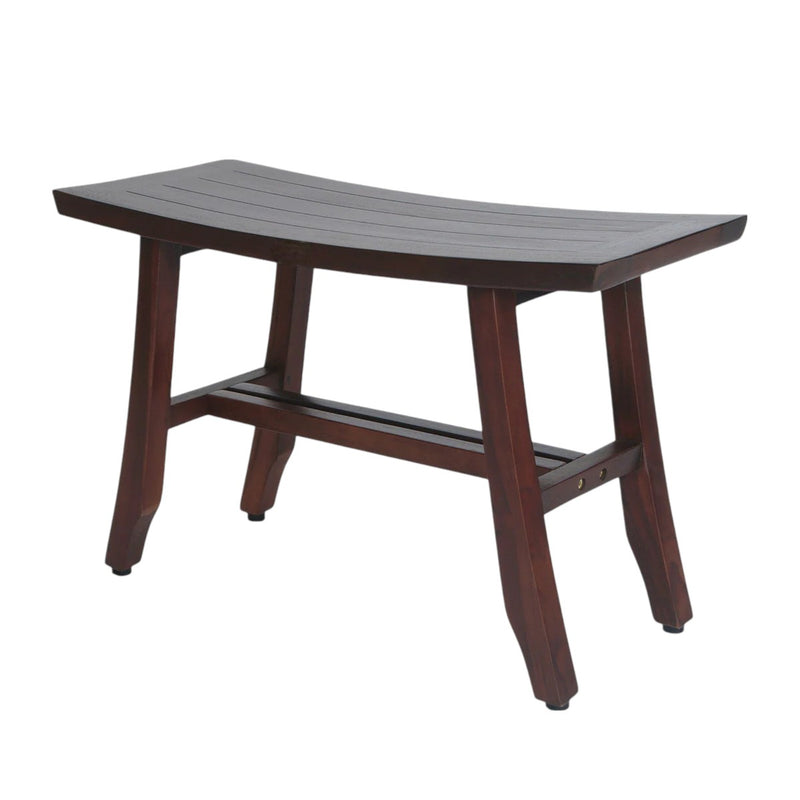 Dark brown teak shower bench front view with slatted top and lower shelf