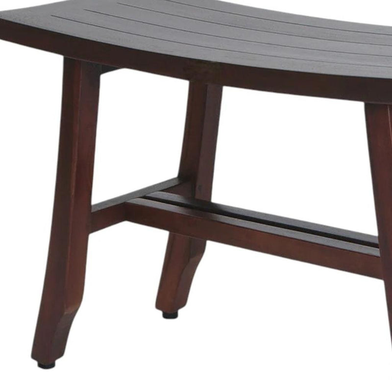 Dark brown teak shower bench close-up of slatted tabletop and side rails