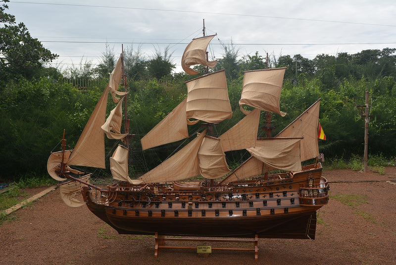 130" Brown Solid Wood Hand Painted Boat Model Boat - Home Decor