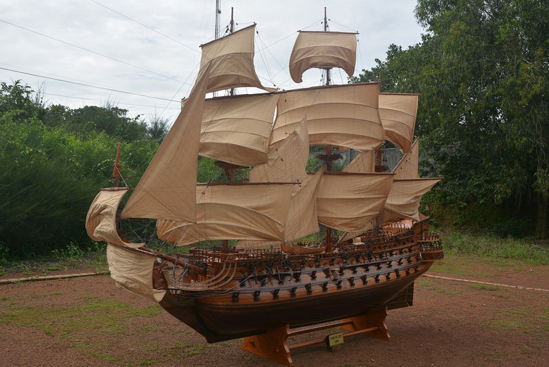 130" Brown Solid Wood Hand Painted Boat Model Boat - Home Decor