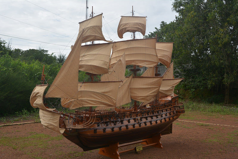 130" Brown Solid Wood Hand Painted Boat Model Boat - Home Decor