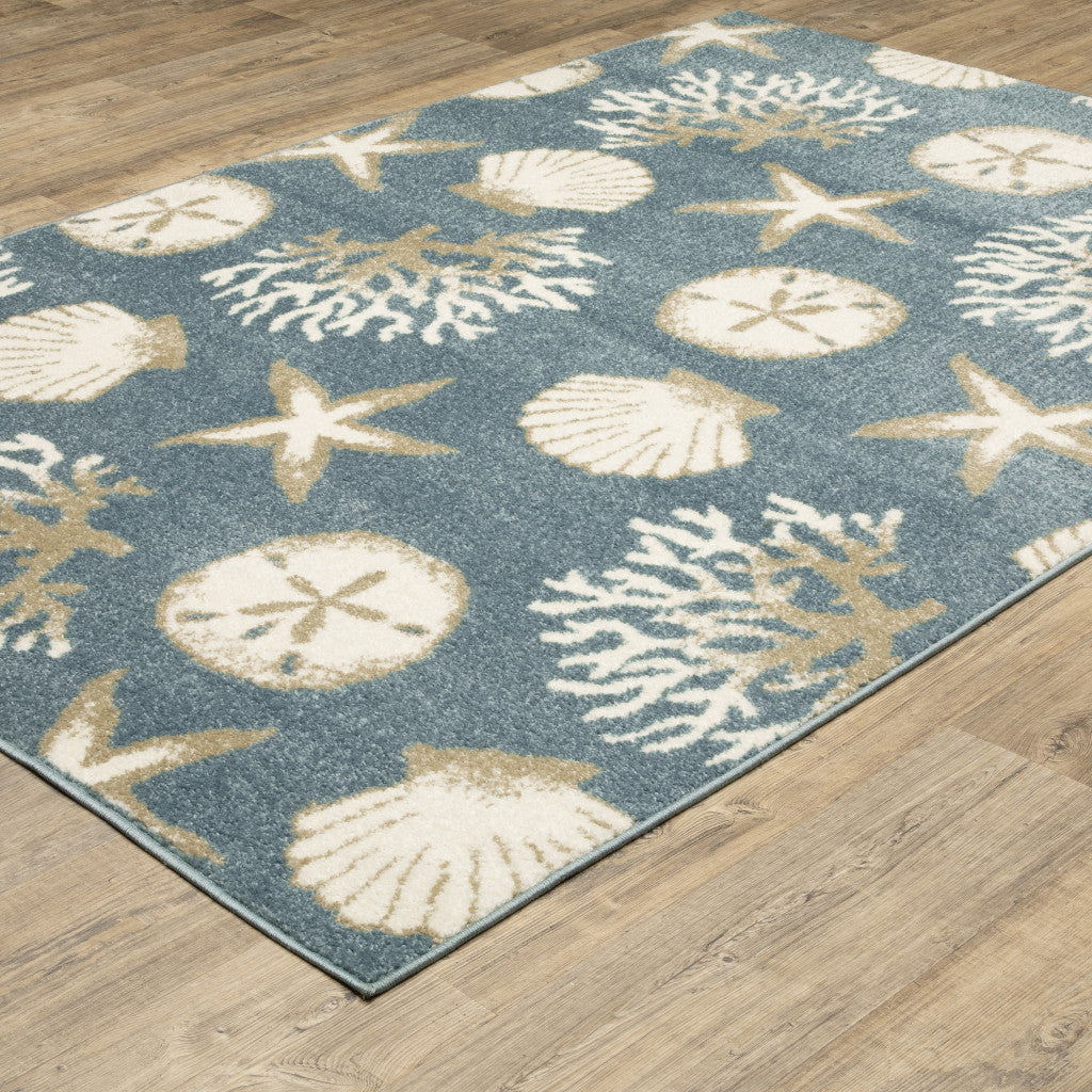 5' X 7' Blue And Beige Seashell and Coral Area Rug - Home & Garden