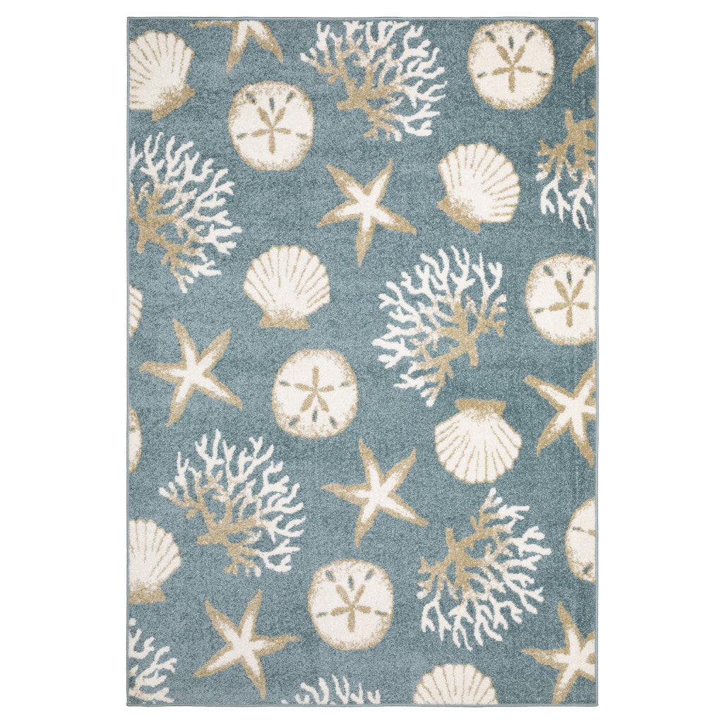 5' X 7' Blue And Beige Seashell and Coral Area Rug - Home & Garden