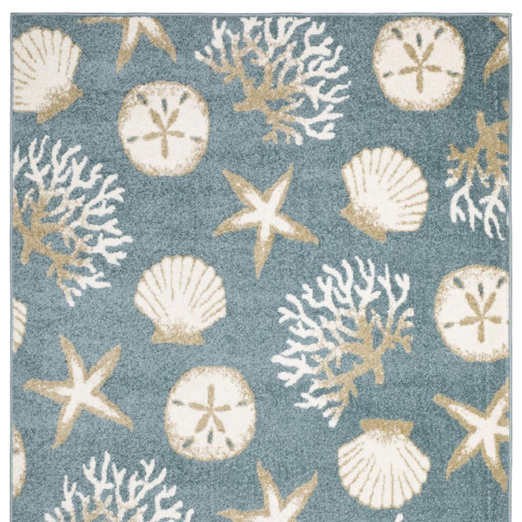 5' X 7' Blue And Beige Seashell and Coral Area Rug - Home & Garden