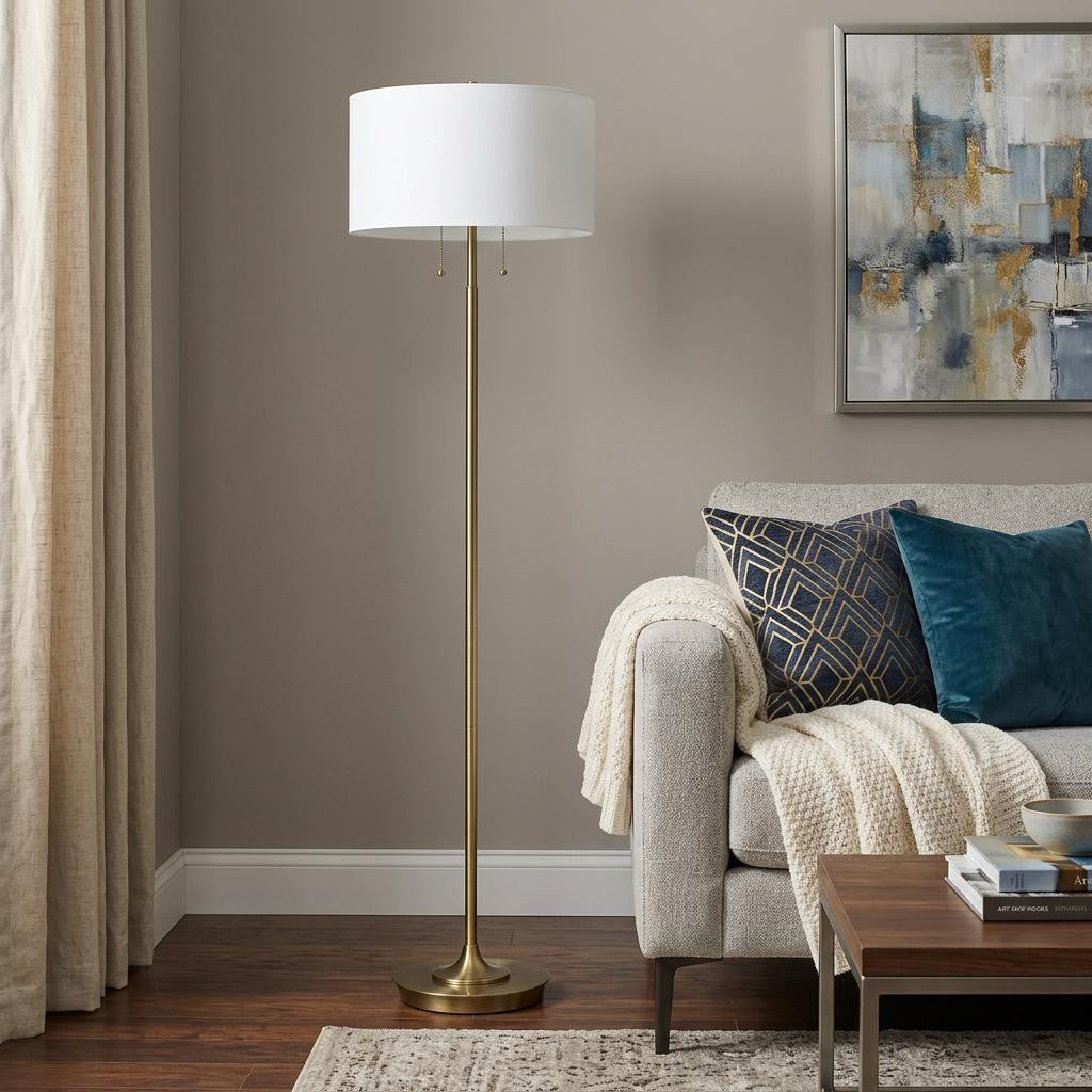 64" Brass Two Light Traditional Shaped Floor Lamp With White Rectangular Shade - Lighting