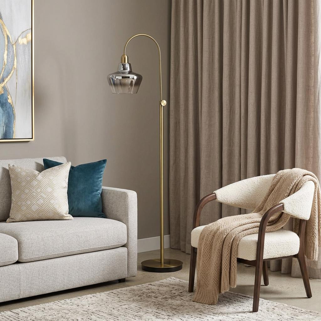 61" Brass Adjustable Arc Floor Lamp With Antiqued Brass Mirrored Glass Novelty Shade - Lighting
