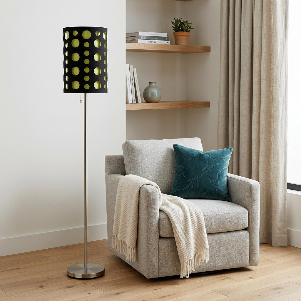 66" Steel Novelty Floor Lamp With Black And Green Drum Shade - Lighting