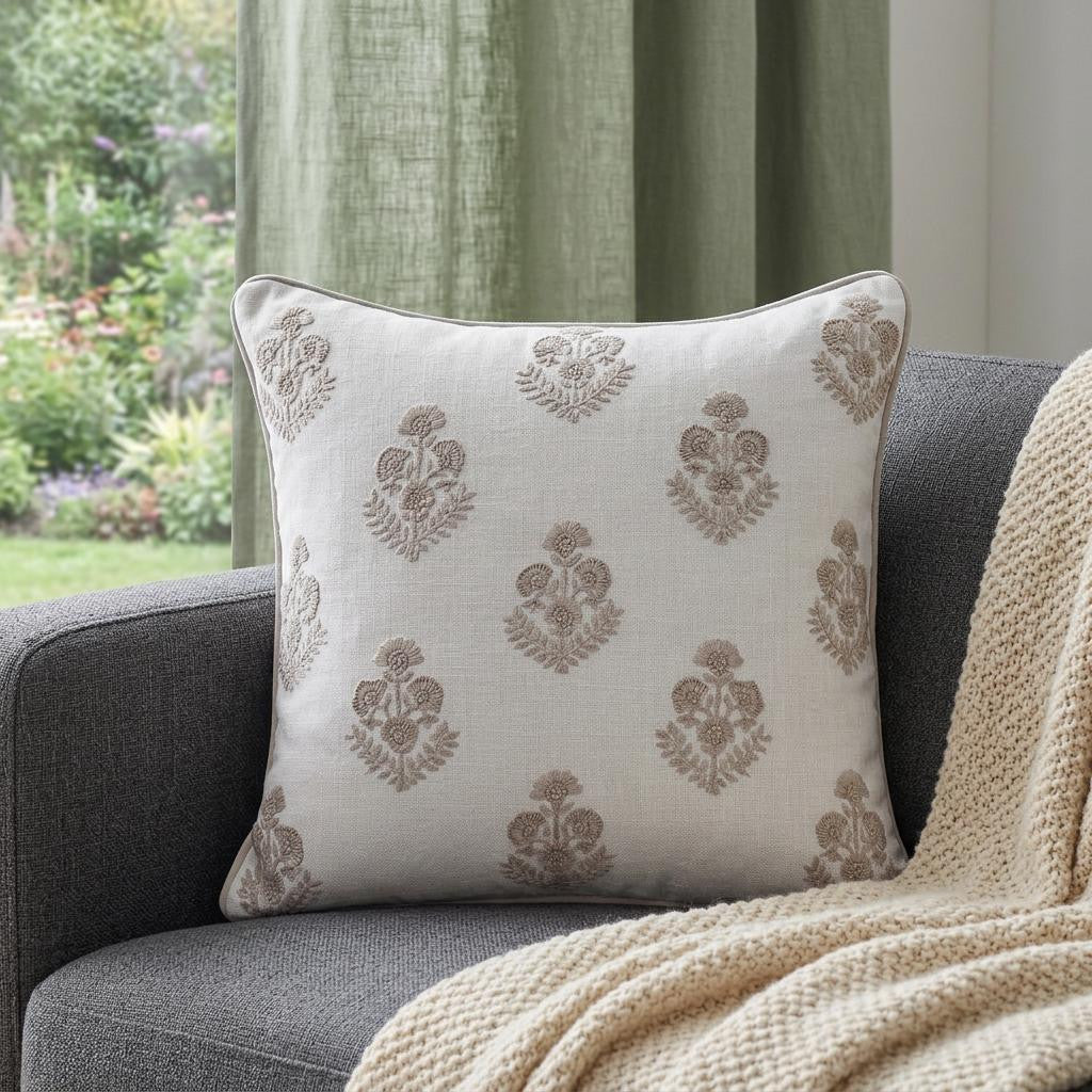 20" Off White And Taupe Floral Linen Throw Pillow Cover with Embroidery - Home & Garden