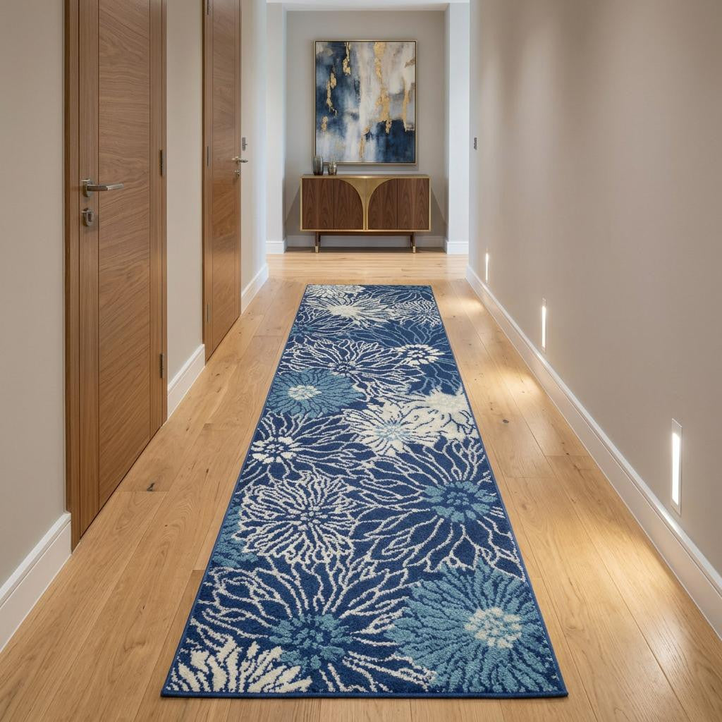 10' Navy Blue Floral Power Loom Runner Rug - Home & Garden