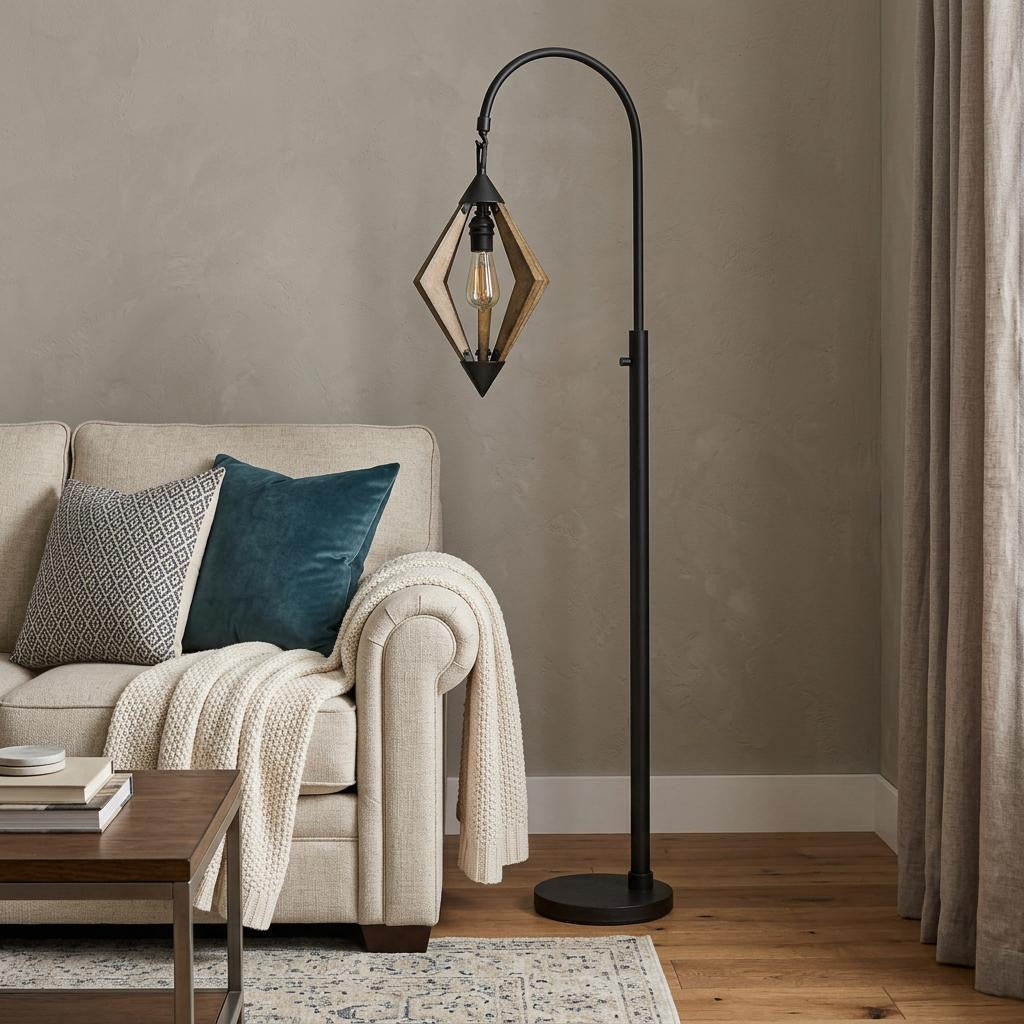 Black metal floor lamp with wooden diamond shade and vintage bulb, cozy living room setting with neutral tones.