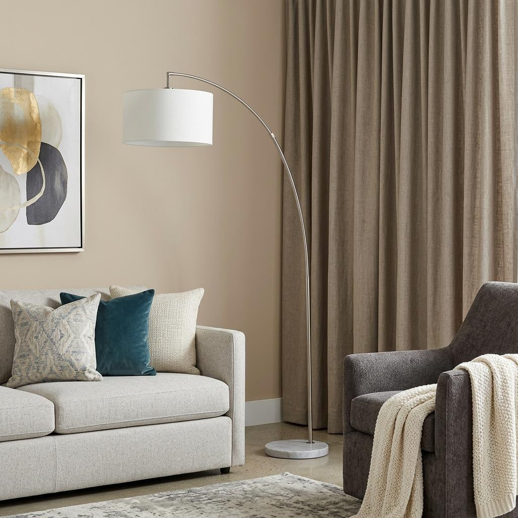 86" White And Silver Arc Floor Lamp With White Drum Shade - Lighting