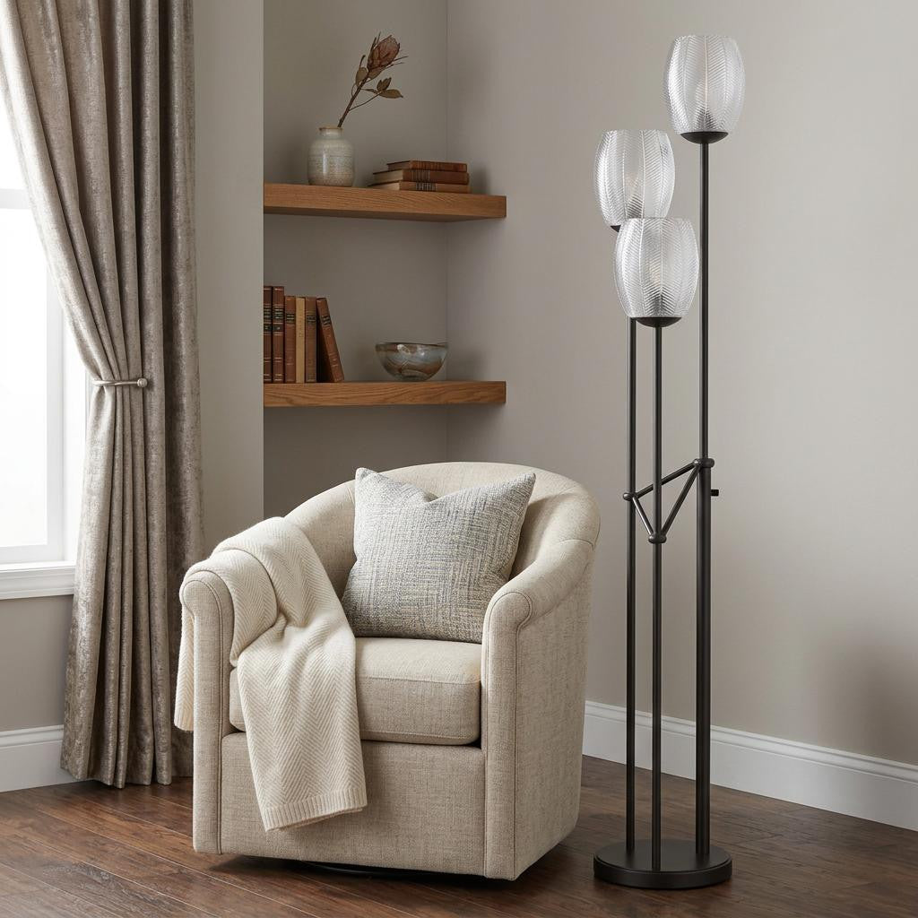 71" Black Three Light Traditional Shaped Floor Lamp With Clear Transparent Glass Novelty Shade - Lighting