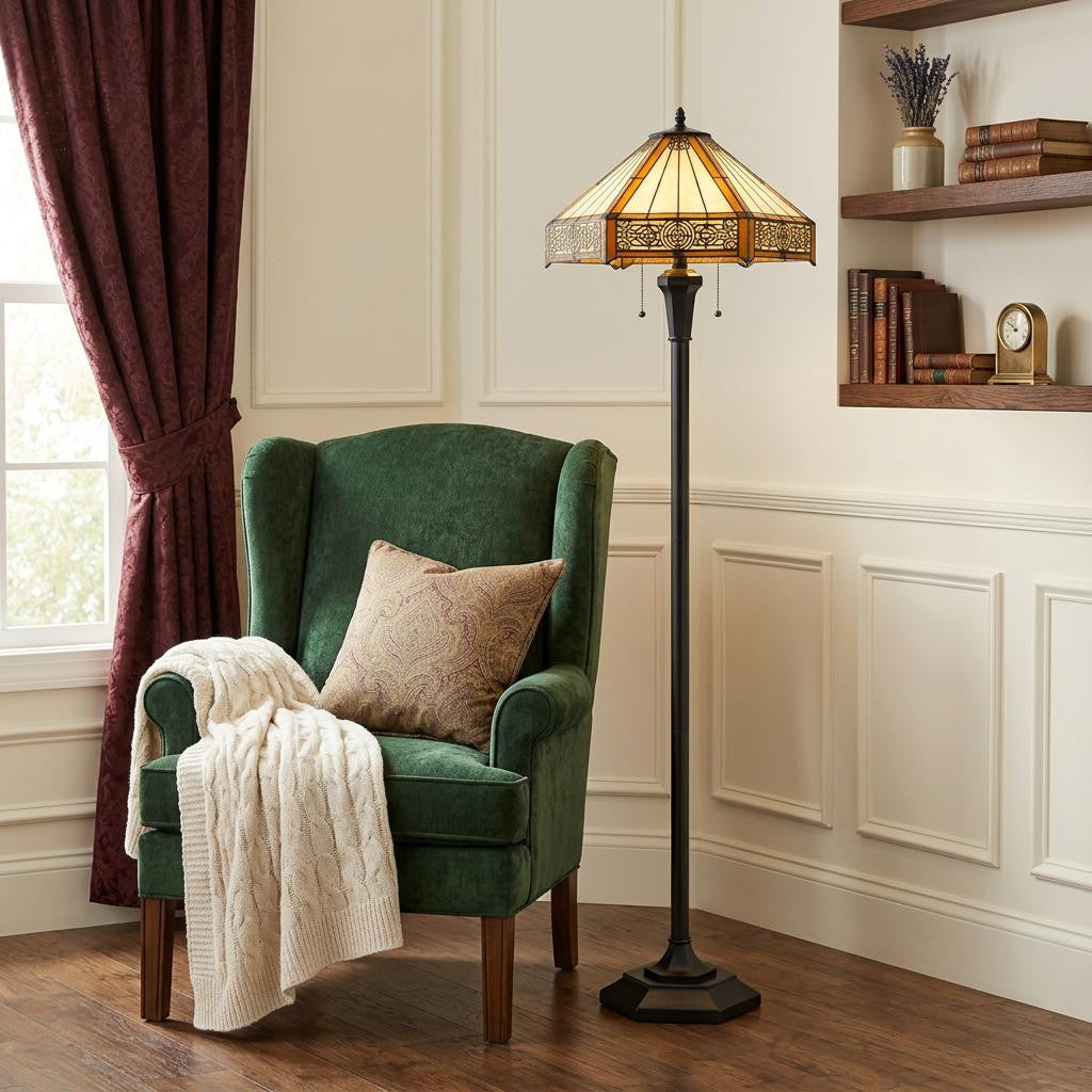 60" Bronze Two Light Traditional Shaped Floor Lamp With Orange and Ivory Abstract Tiffany Glass Empire Shade - Lighting