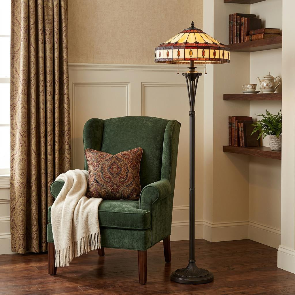 61" Bronze Two Light Traditional Shaped Floor Lamp With Purple and Ivory Abstract Tiffany Glass Empire Shade - Lighting