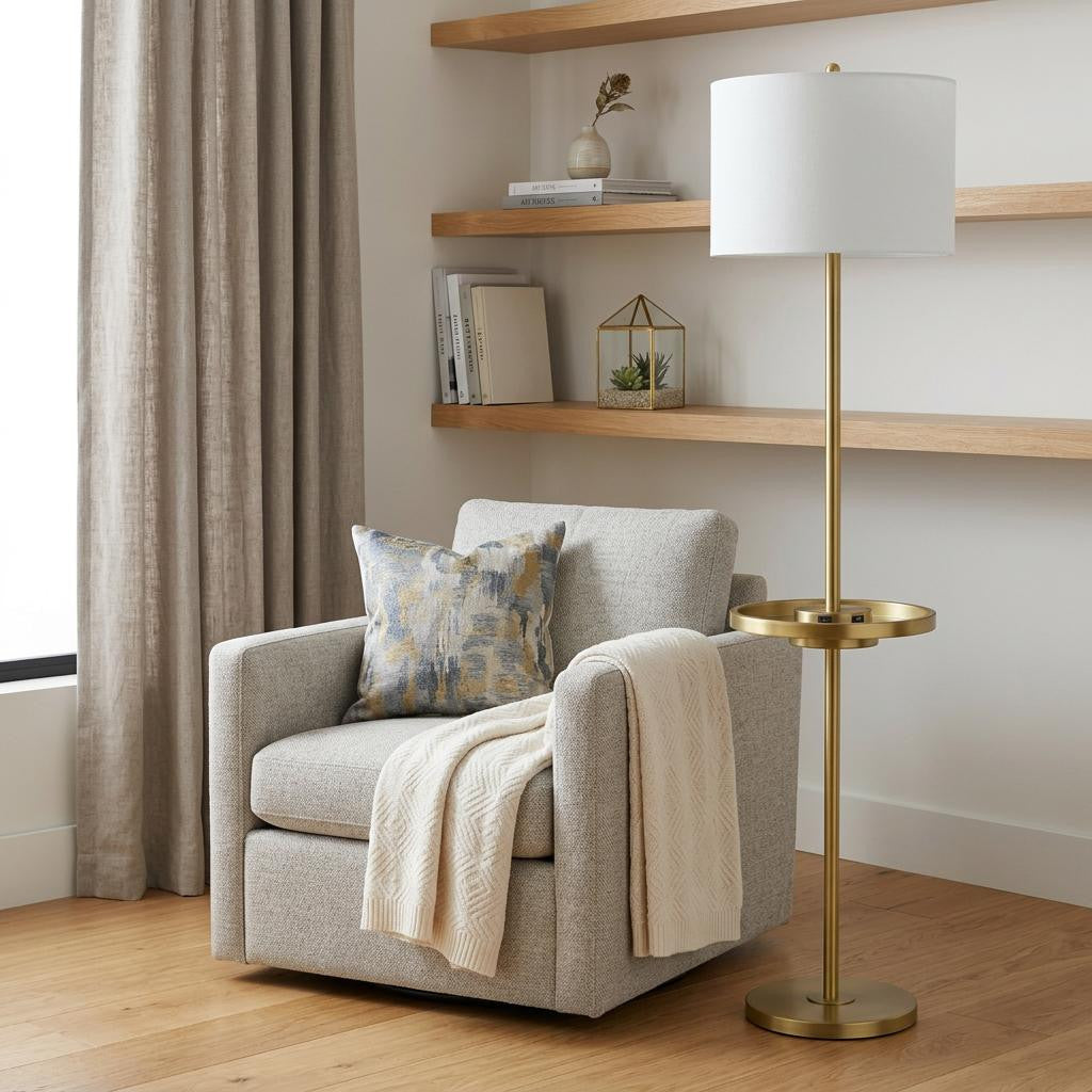 62" Brass Tray Table Floor Lamp With White Square Shade - Lighting
