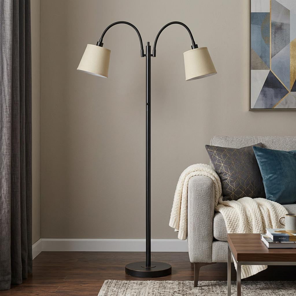65" Bronze Two Light Traditional Shaped Floor Lamp With Tan Square Shade - Lighting