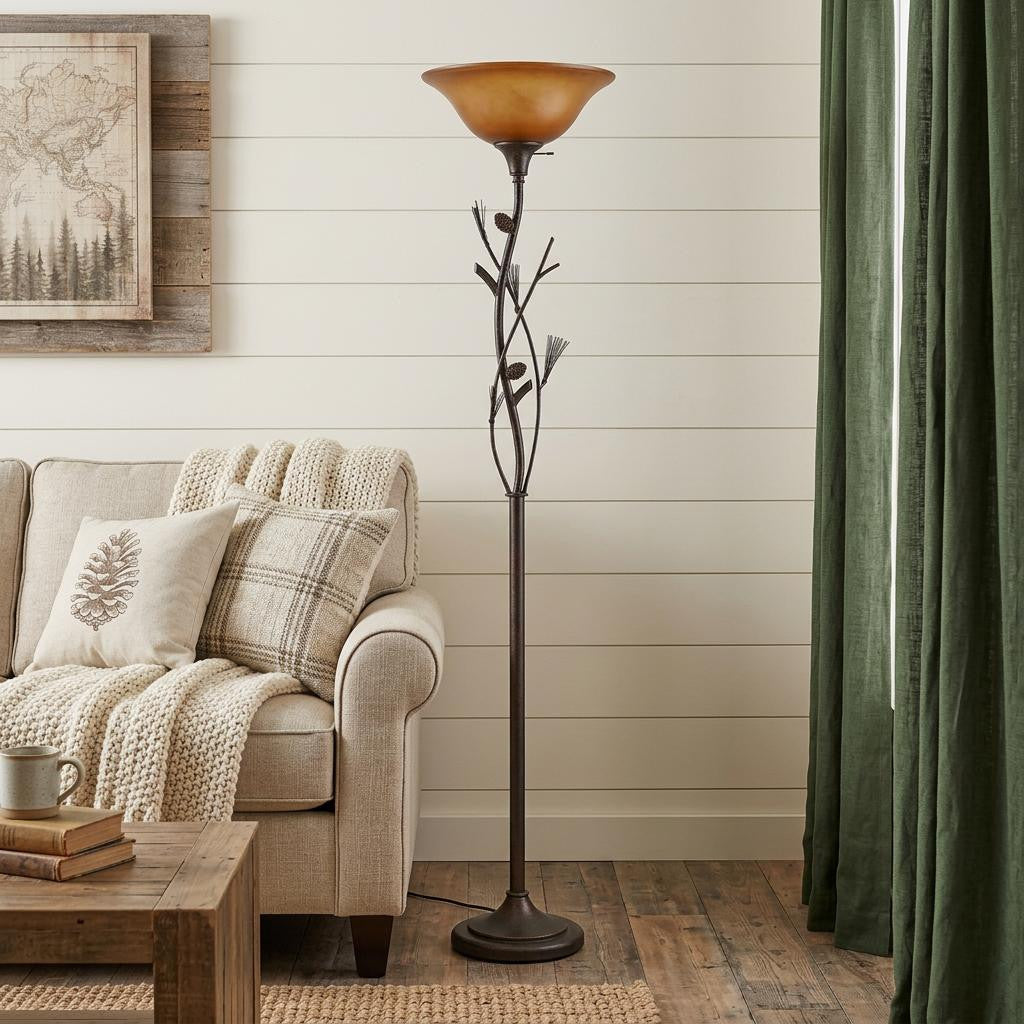 72" Amber Torchiere Floor Lamp With Brown Glass Dome Shade - Lighting