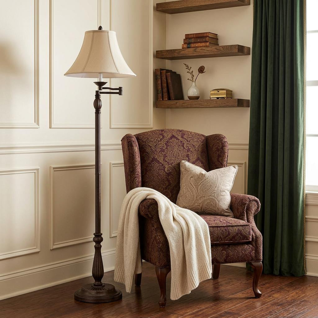 62" Rusted Swing Arm Floor Lamp With Champagne Bell Shade - Lighting