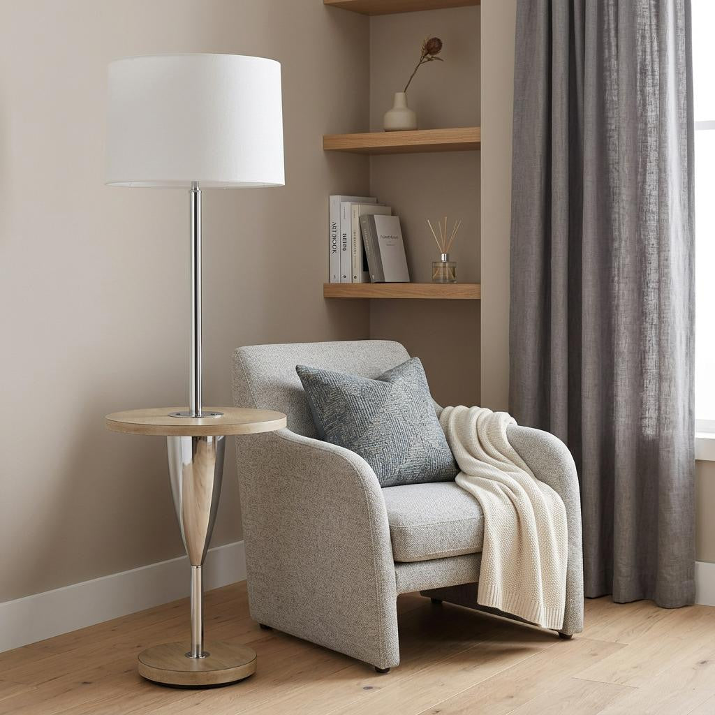 61" Chrome Tray Table Floor Lamp With White Square Shade - Lighting