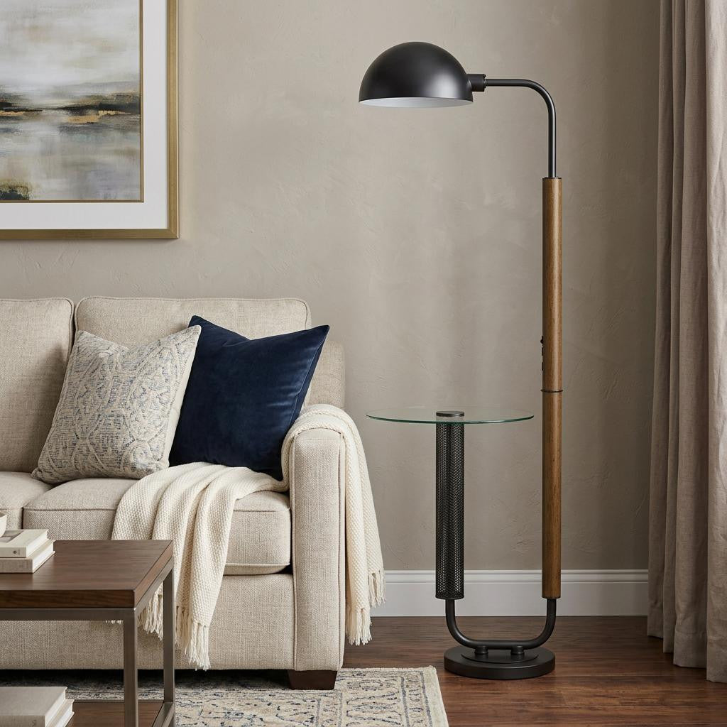 63" Brown Tray Table Floor Lamp With Bronze Transparent Glass Dome Shade - Lighting