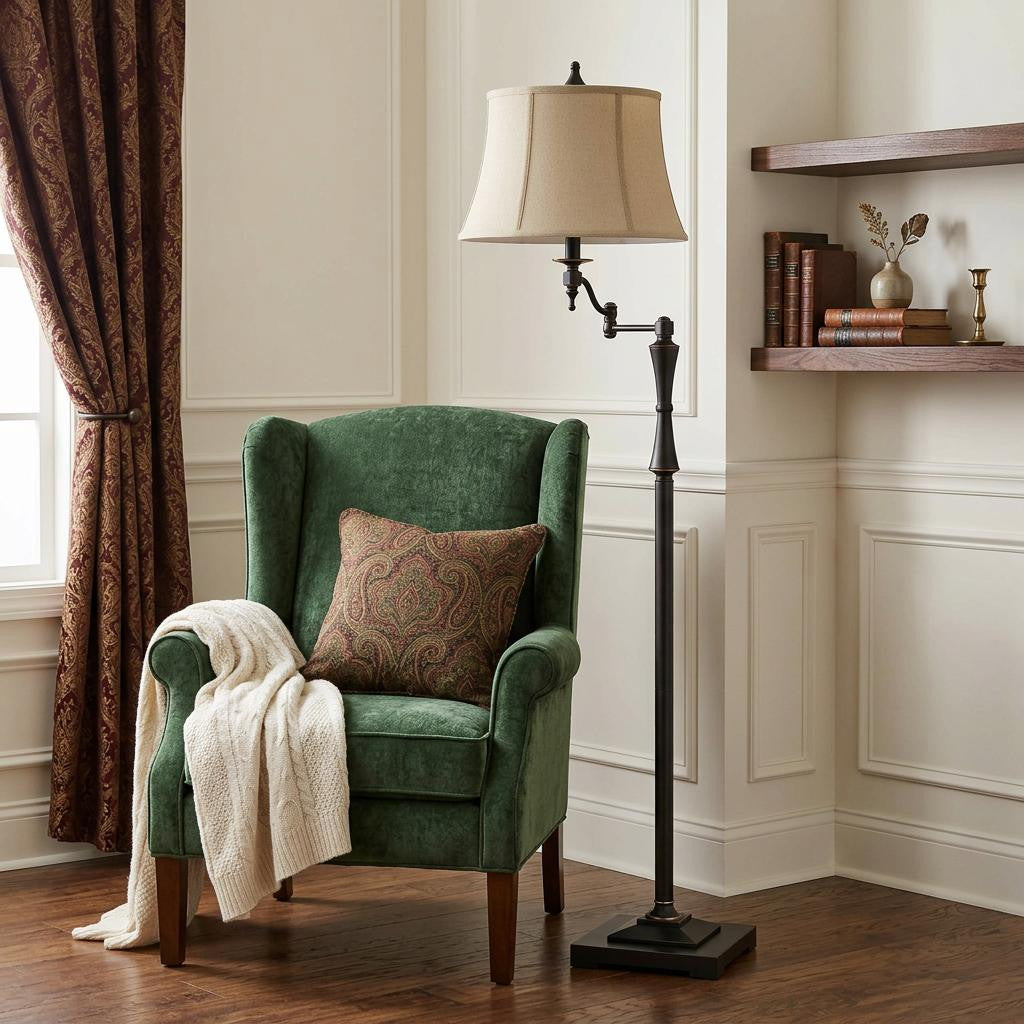 61" Bronze Swing Arm Floor Lamp With Brown Square Shade - Lighting