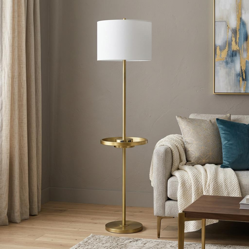 62" Nickel Tray Table Floor Lamp With White Drum Shade - Lighting