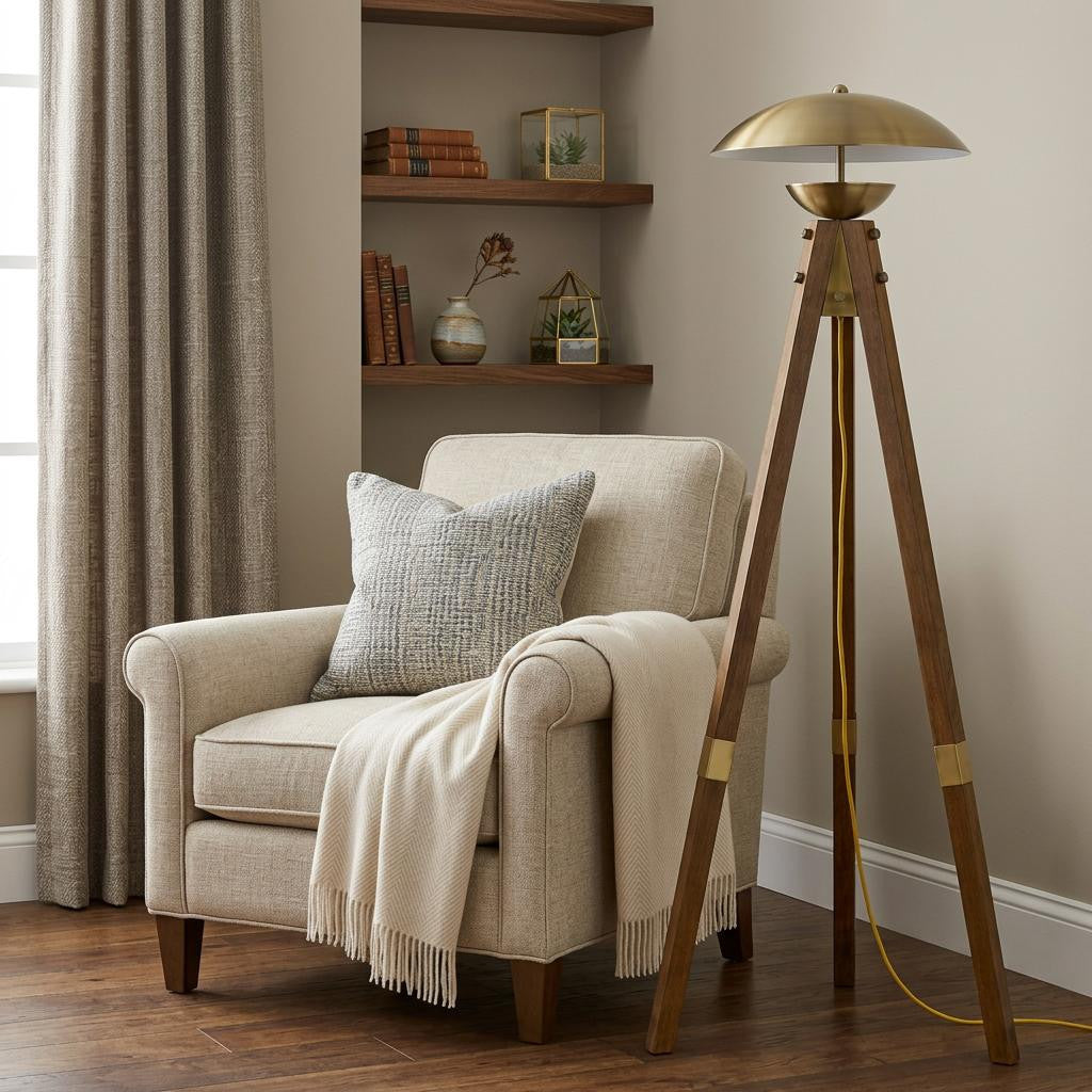 55" Brass Tripod Floor Lamp With Antiqued Brass Dome Shade - Lighting