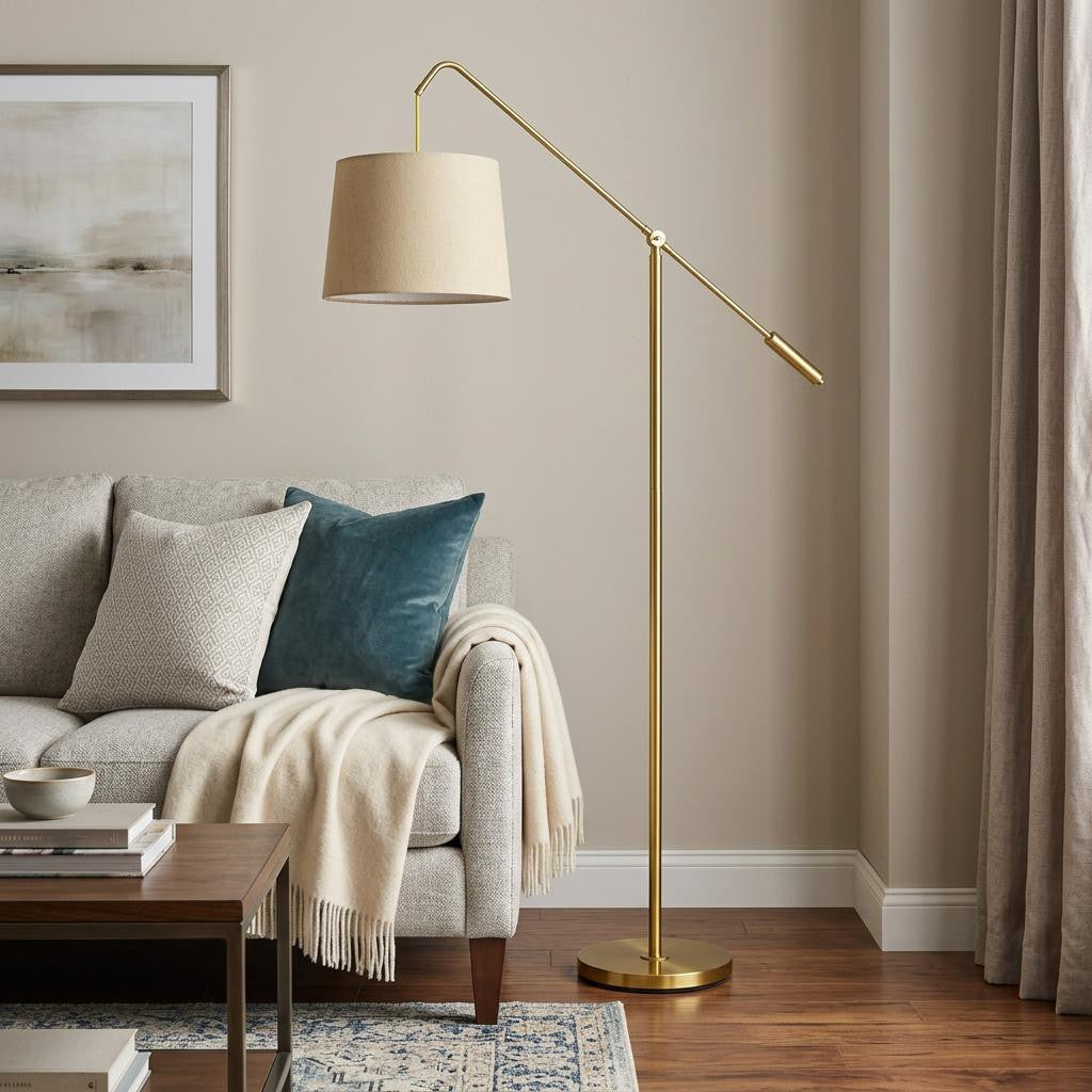 68" Brass Adjustable Traditional Shaped Floor Lamp With Antiqued Brass Drum Shade - Lighting