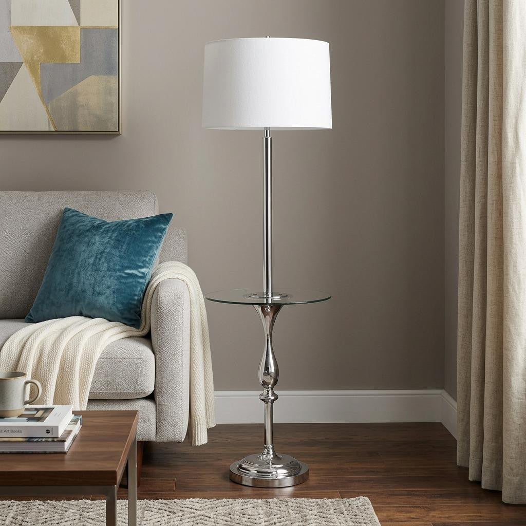 61" Chrome Tray Table Floor Lamp With White Transparent Glass Square Shade - Lighting